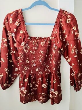 Like New- Madewell Floral Smocked Square-Neck Top - Burgundy